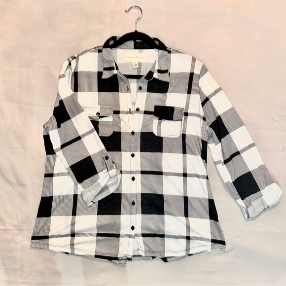 French Laundry B&W Buffalo Plaid Long Sleeve Button Down Pockets Soft Jersey XL - Picture 8 of 8